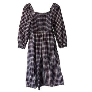 J. Crew Flannel Midi Dress Womens Small Petite Blue Red Plaid Prairie Cottage